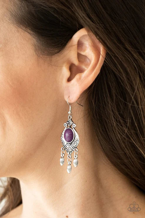 Enchantingly Environmentalist - Purple Stone Floral Fringe Earrings E#6200