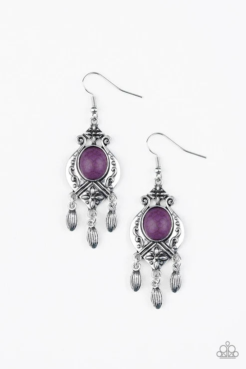 Enchantingly Environmentalist - Purple Stone Floral Fringe Earrings E#6200