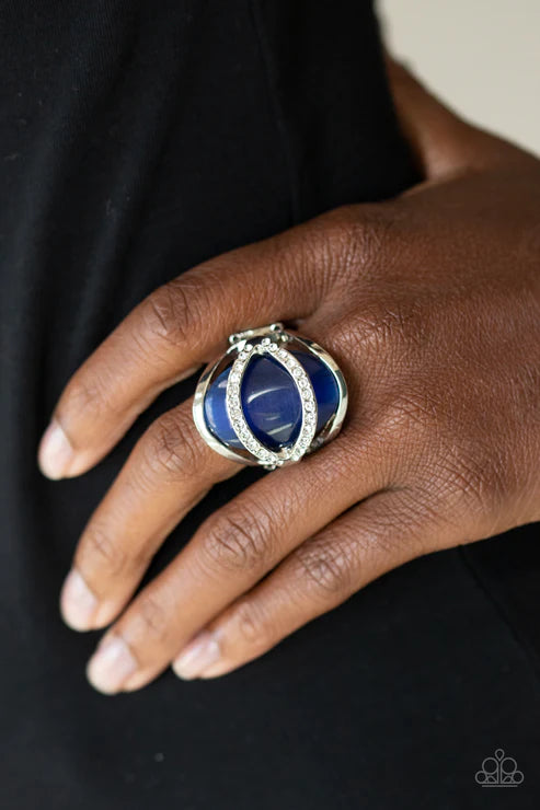 Endless Enchantment - Oversized Airy Blue Cat's Eye Moonstone Nestled Arc Encrusted Ring R#5616