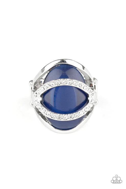 Endless Enchantment - Oversized Airy Blue Cat's Eye Moonstone Nestled Arc Encrusted Ring R#5616