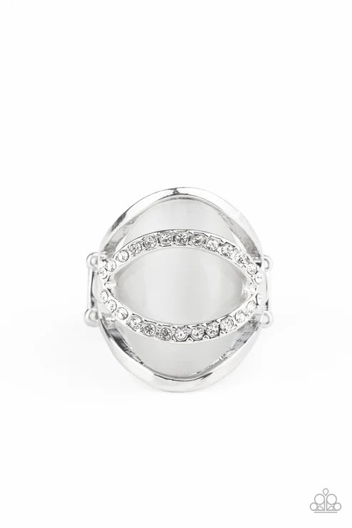 Endless Enchantment - Oversized Airy White Cat's Eye Moonstone Nestled Arc Encrusted Ring R#5673