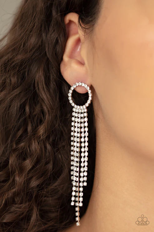 Endless Sheen - White Encrusted Hoop Tapered Fringe Earrings E#5976