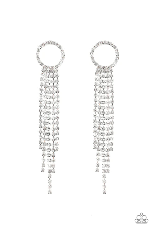 Endless Sheen - White Encrusted Hoop Tapered Fringe Earrings E#5976