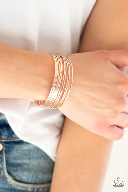 Endlessly Empress - Oversized Rose Gold Duo Textured Curled Illusion Rod Stacked Bangle Cuff Bracelet B#3738