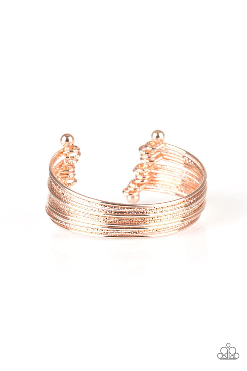 Endlessly Empress - Oversized Rose Gold Duo Textured Curled Illusion Rod Stacked Bangle Cuff Bracelet B#3738