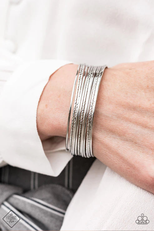 Endlessly Empress - Oversized Silver Duo Textured Curled Illusion Rod Stacked Bangle Cuff Bracelet B#4076