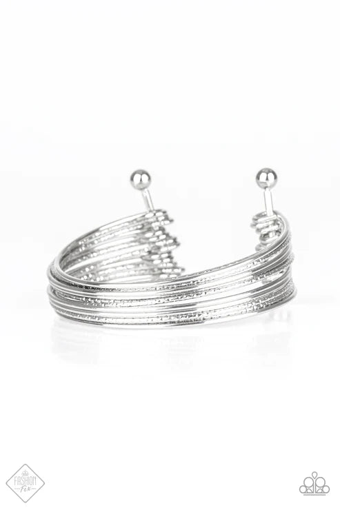 Endlessly Empress - Oversized Silver Duo Textured Curled Illusion Rod Stacked Bangle Cuff Bracelet B#4076