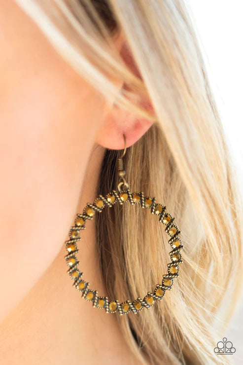 Enlighten Me - Oversized Brass Aurum Encrusted Slanted Hoop Earrings E#6048