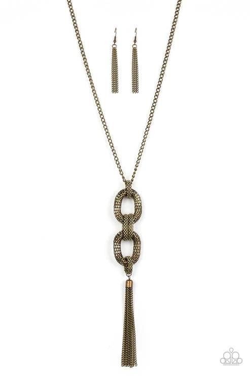 Enmeshed in Mesh - Brass Box Chain "Popcorn Mesh" Connected Link Interconnected Tassel Necklace N#3451