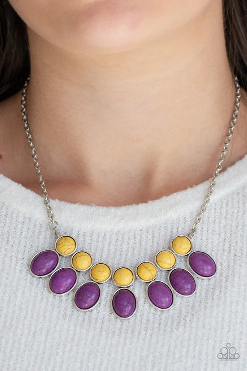 Environmental Impact - Purple/Yellow Round/Oval Stone Fringe Necklace N#4142