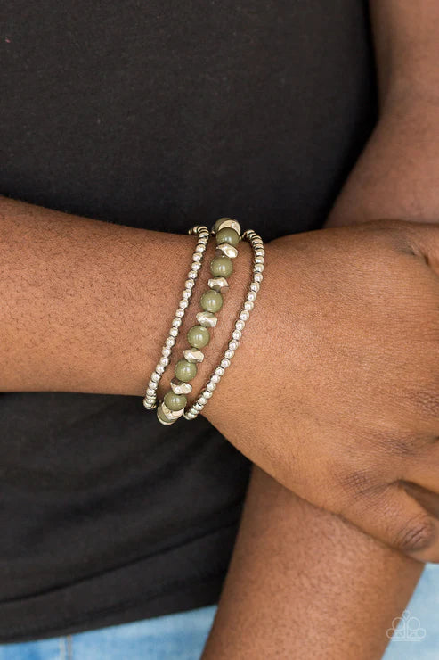 Epic Escape - Green (Martini Olive) Polished Mismatched Bracelet Stack B#4796
