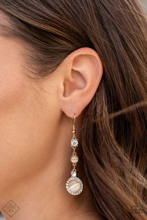 Epic Elegance - Gold White Encrusted Champagne Cat’s Eye Moonstone Encircled Ring Elegant Lure Earrings E#7353