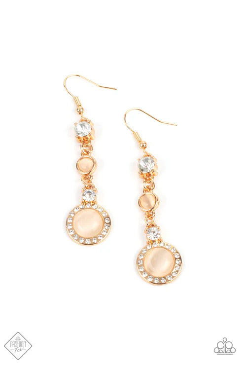 Epic Elegance - Gold White Encrusted Champagne Cat’s Eye Moonstone Encircled Ring Elegant Lure Earrings E#7353