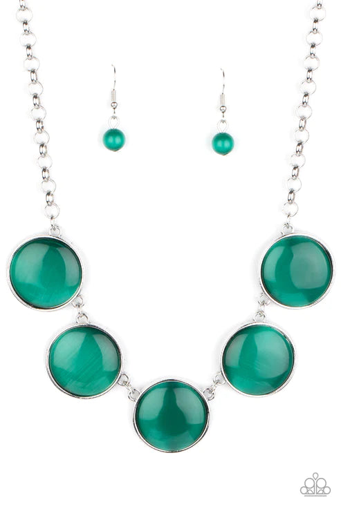Ethereal Escape - Oversized Green Round Cat's Eye Moonstone Link Necklace N#2789