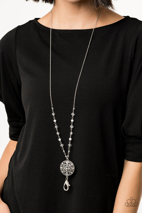 Everyday Enchantment - White Opalescent Crystal Floral Medallion Lanyard Necklace N#3793