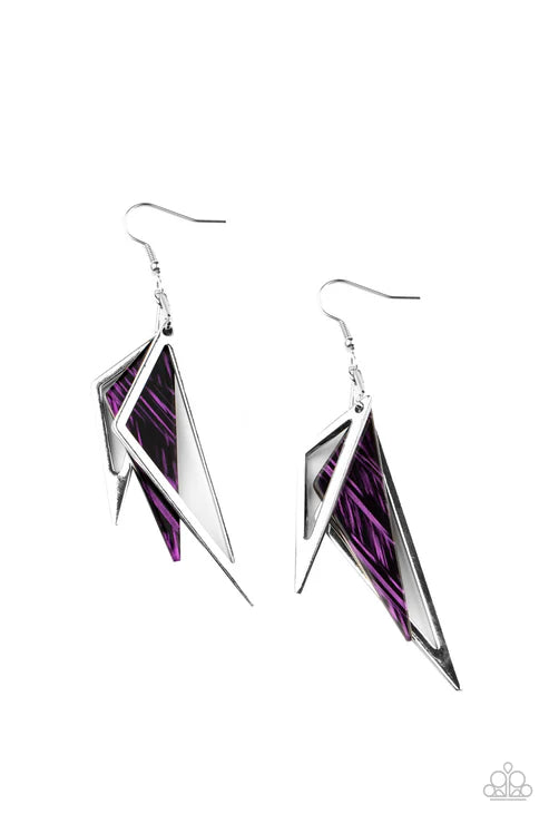 Evolutionary Edge - Oversized Purple Abstract Suspended Duo Triangles Edgy Lure Triangles Earrings E#7225
