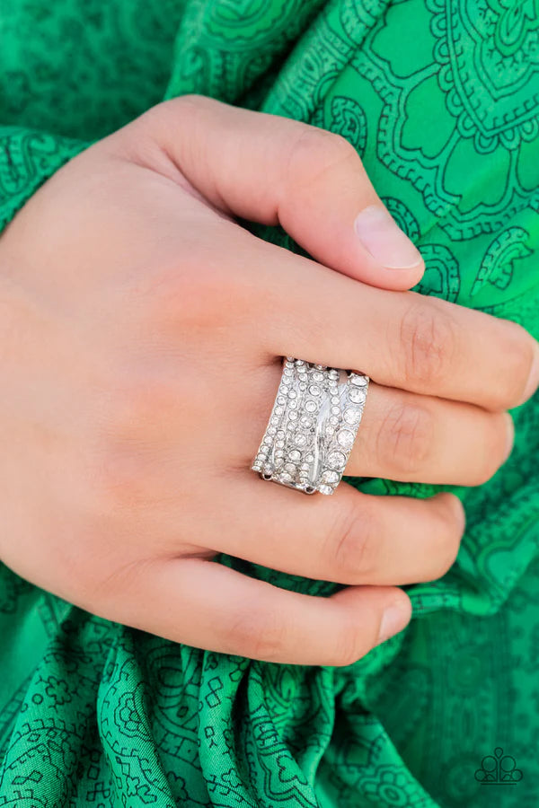 Exclusive Elegance - White Mismatched Haphazardly Encrusted Stacked Ring R#494