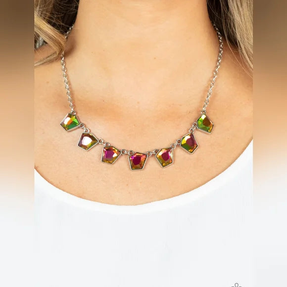 Experimental Edge - Multi (Oil Spill) Iridescent Imperfect Faceted Linked Necklace N#779