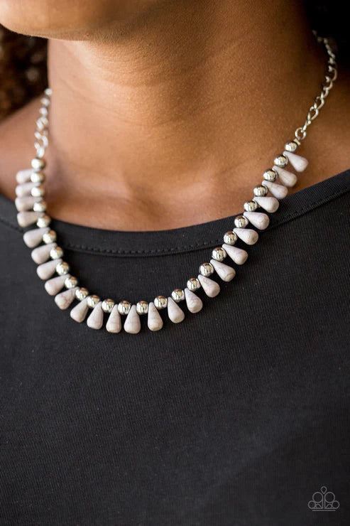 Extinct Species - Silver Gray Crackle Stone Teardrop Fringe Necklace N#4482
