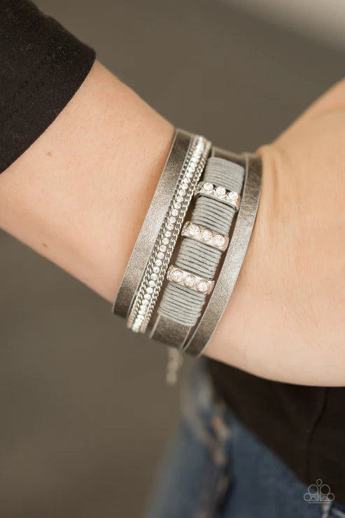 FAME Night - Metallic Silver/Gray Knotted Cord Encrusted Accent Leather Bracelet B#4215