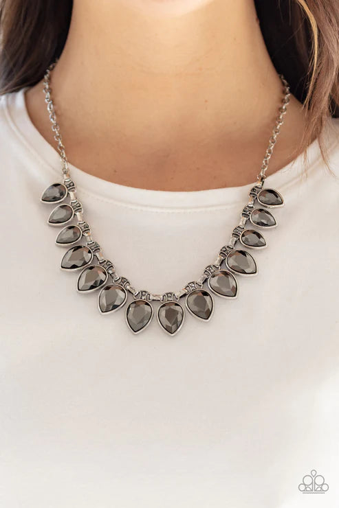 FEARLESS is More - Oversized Silver Dotted Hematite Teardrop Fringe Fan Necklace N#3528