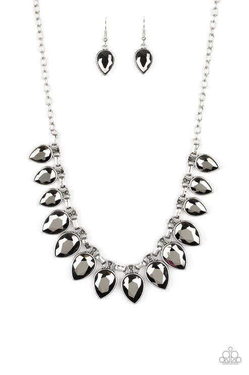FEARLESS is More - Oversized Silver Dotted Hematite Teardrop Fringe Fan Necklace N#3528