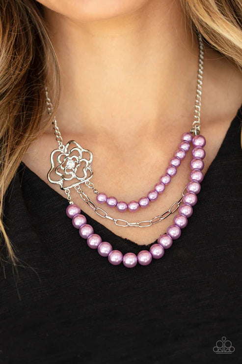 Fabulously Floral - Oversized Purple Pearl 3D Floral Encrusted Necklace N#3381