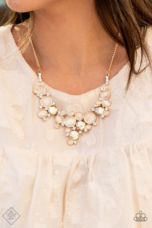 Fairytale Affair - Gold Bubbly Champagne Cat's Eye Moonstone White Encrusted Gold Discs Coalesces Enchanting Frames Whimsical Necklace N#7351