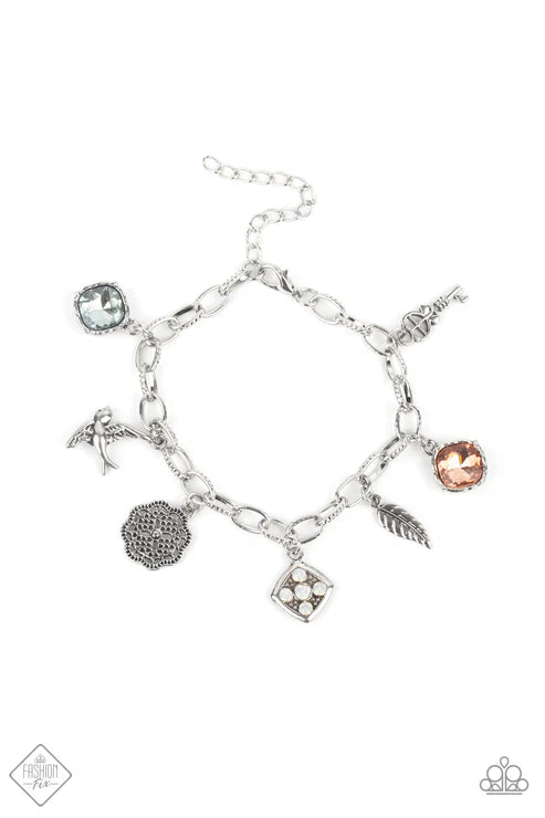 Fancifully Flighty - Multi Multicolored Gems/Floral Medallion/Bird In Flight/Fluttering Feather Coalesce Whimsical Charm Bracelet B#7349