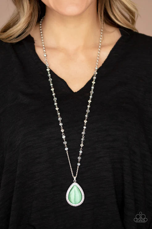 Fashion Flaunt - Oversized Green/White/Smoky/Metallic Crystal Dotted Imperfect Ethereal Cat's Eye Moonstone Encrusted Accent Necklace N#5731