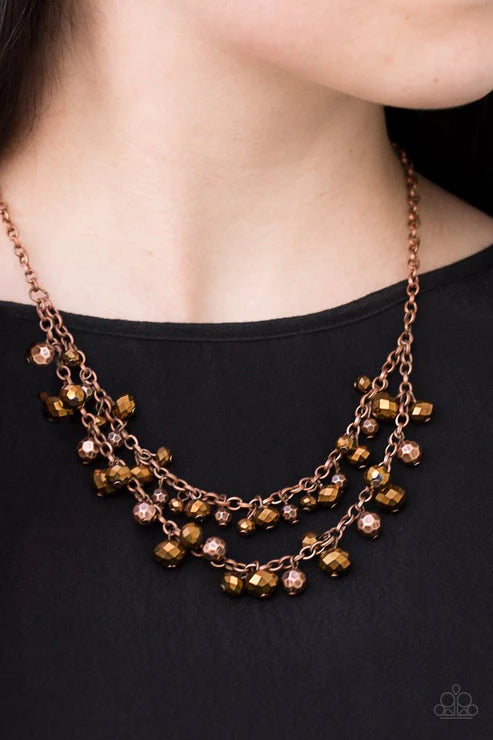 Fashion Show Fabulous - Copper Faceted Crystal-like Copper Chains Fringe Necklace N#7403