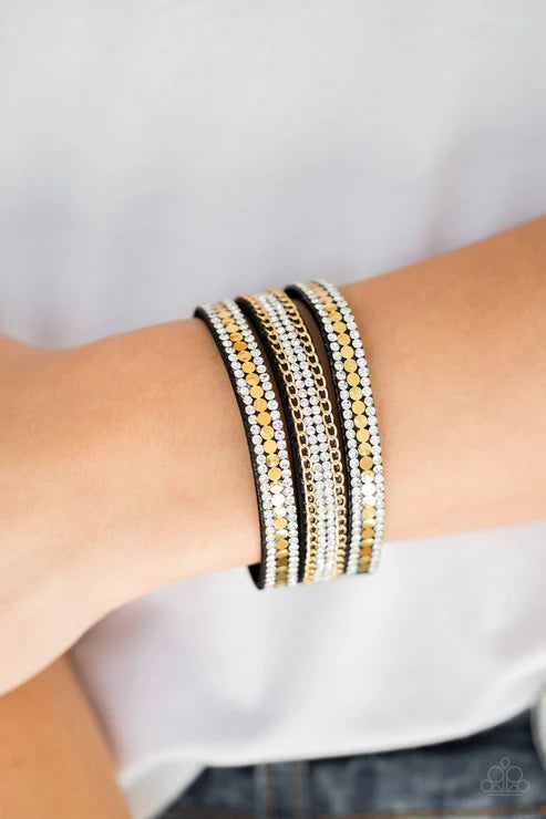 Fashion Fanatic - Gold/Black Encrusted Flat Discs/Chains Accent Suede Bracelet B#7250