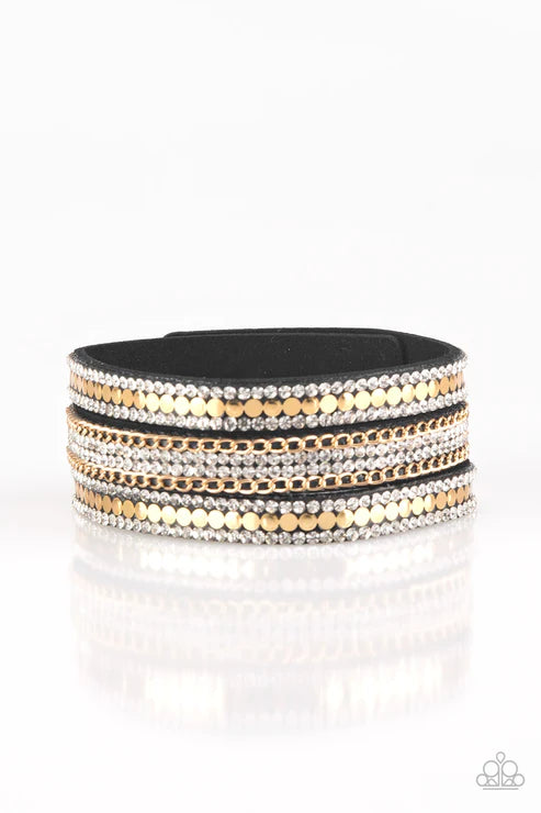 Fashion Fanatic - Gold/Black Encrusted Flat Discs/Chains Accent Suede Bracelet B#7250
