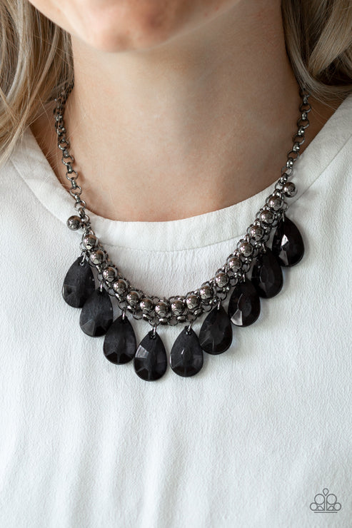 Fashionista Flair - Black/Gunmetal Glassy Crystal Teardrop Fringe Necklace N#3994