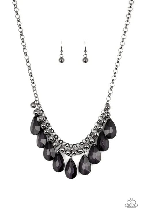Fashionista Flair - Black/Gunmetal Glassy Crystal Teardrop Fringe Necklace N#3994