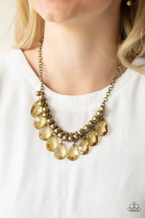 Fashionista Flair - Brass Glassy Crystal Teardrop Fringe Necklace N#4377