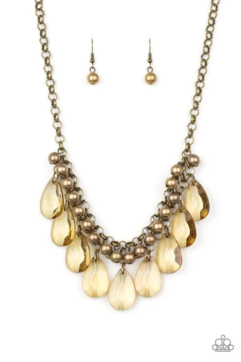 Fashionista Flair - Brass Glassy Crystal Teardrop Fringe Necklace N#4377