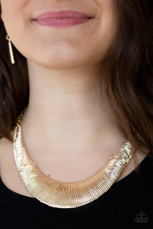 Feast or Famine - Gold Etched Linear Dramatic Plates Connect Crescent Pendant Necklace N#3808
