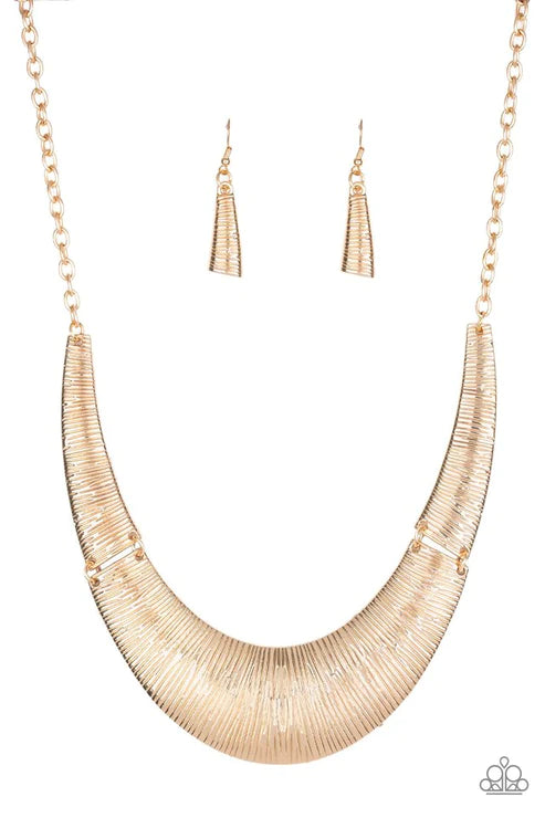 Feast or Famine - Gold Etched Linear Dramatic Plates Connect Crescent Pendant Necklace N#3808