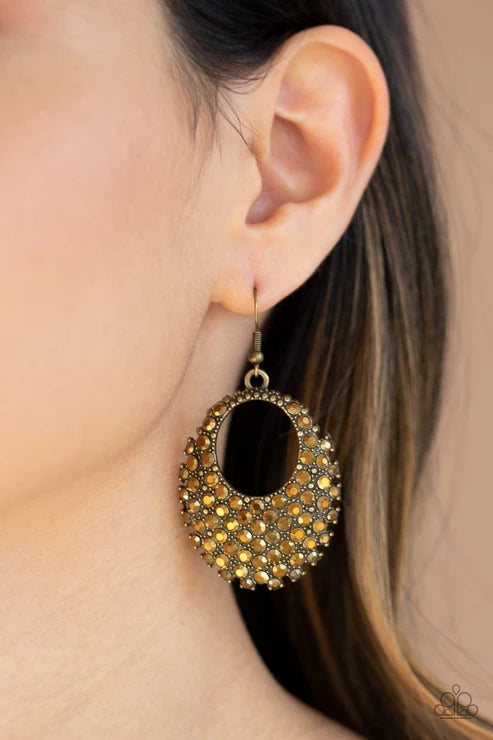 Fierce Flash - Oversized Brass Airy Oval Aurum Encrusted Earrings E#5602