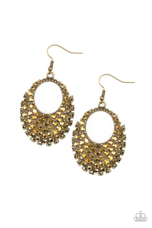 Fierce Flash - Oversized Brass Airy Oval Aurum Encrusted Earrings E#5602
