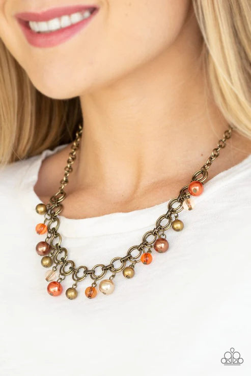 Fiercely Fancy - Multi (Brass/Brown/Orange) Pearl DoubleLinked Fringe Necklace N#3090