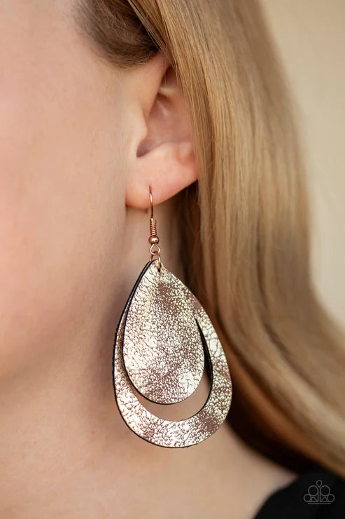 Fiery Firework - Oversized Copper Metallic Distressed Leather Teardrop Earrings E#4025