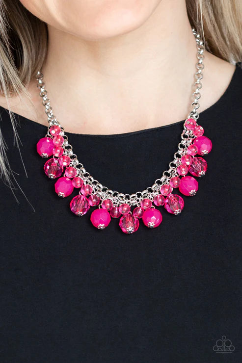 Fiesta Fabulous - Pink Interlocked Opaque Crystal Fringe Necklace N#4577