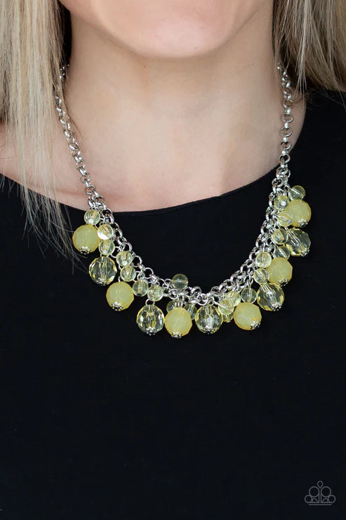 Fiesta Fabulous - Yellow Interlocked Opaque Crystal Fringe Necklace N#3127