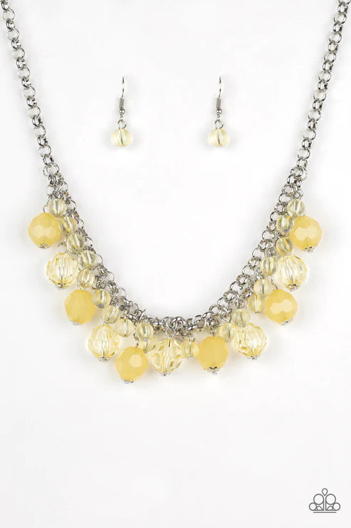 Fiesta Fabulous - Yellow Interlocked Opaque Crystal Fringe Necklace N#3127