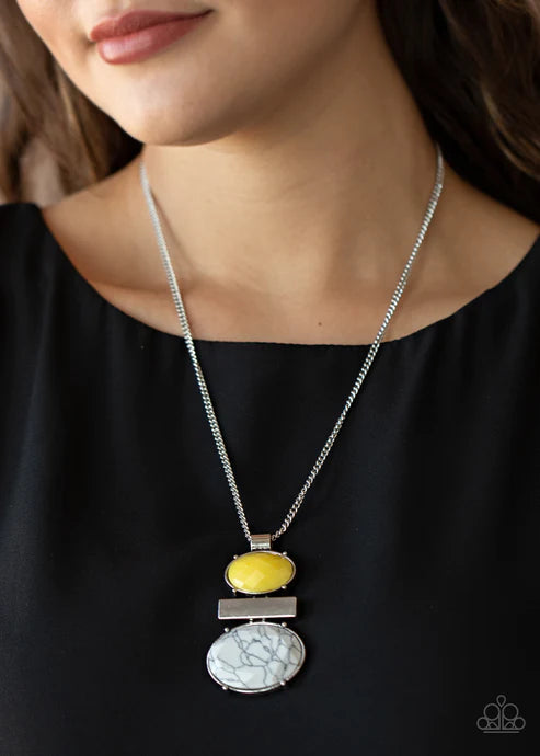 Finding Balance - Oversized Yellow/White Oval/Rectangular Marble Stone Stacked Pendant Necklace N#3263