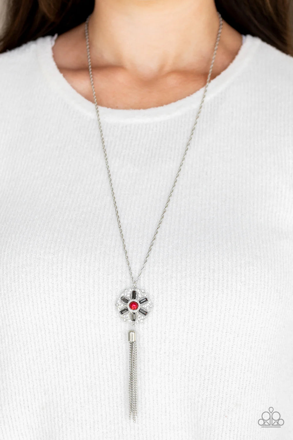 Fine Florals - Red Smoky Dotted Pearl Floral Encrusted Tassel Necklace N#7049