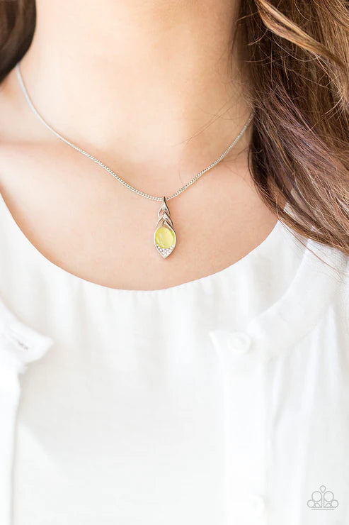 First Class Flier - Yellow Cat's Eye Moonstone Nestled Encrusted Feather Frame Necklace N#6761