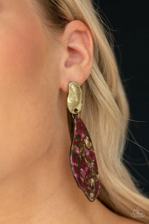 Fish Out of Water - Oversized Brass Retro Faux Marble Abstract Swing Earrings E#3907